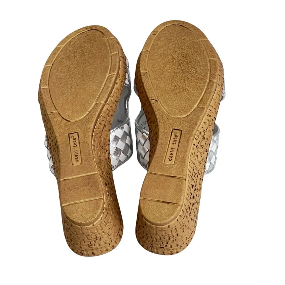 David Tate‎ Moderno Slip On Wedges Sandals Leather Upper Open Toe Silver